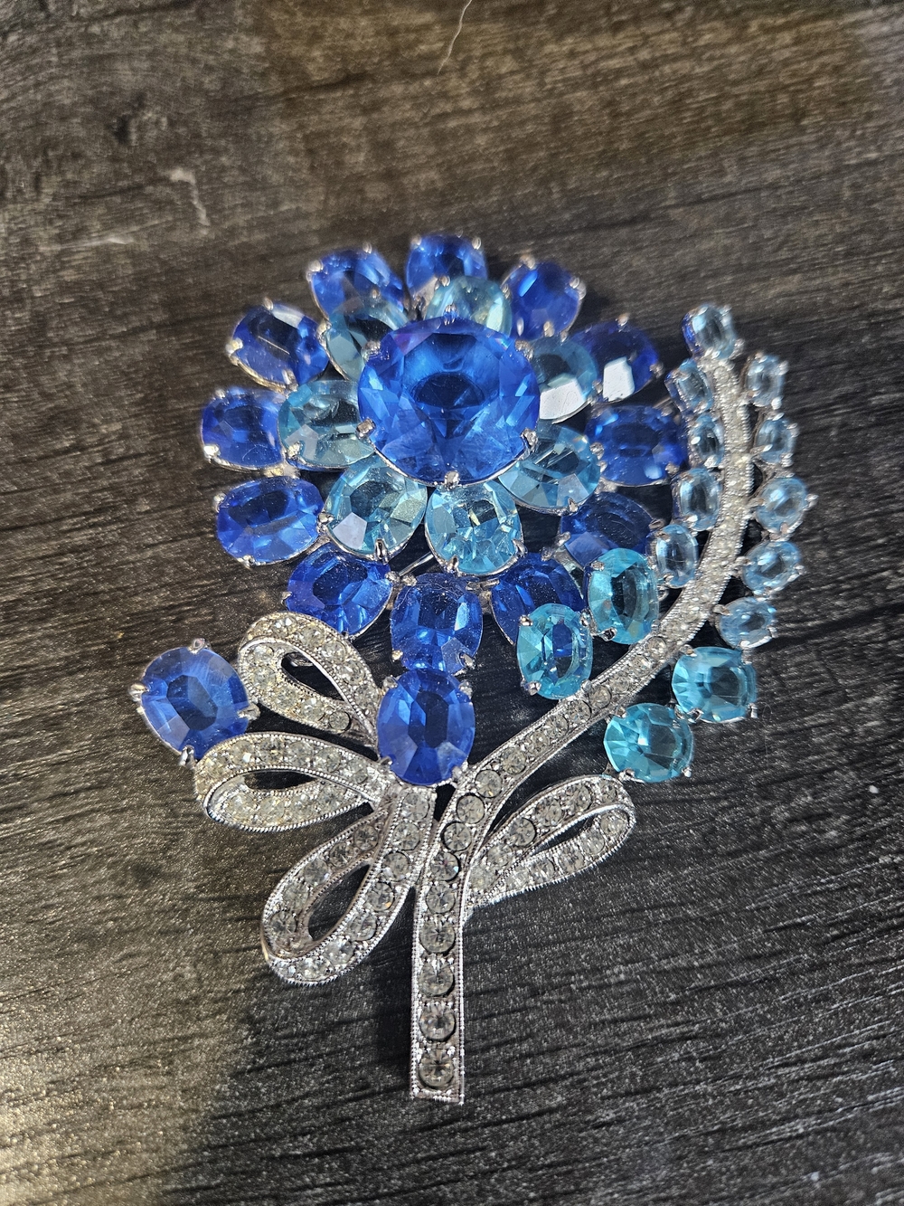 Blue Crystal Floral Brooch with Silver-Tone Accents